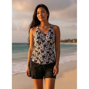 Tankini Shorts White Black 2XL Floral Criss Cross Back NWT by Halcurt